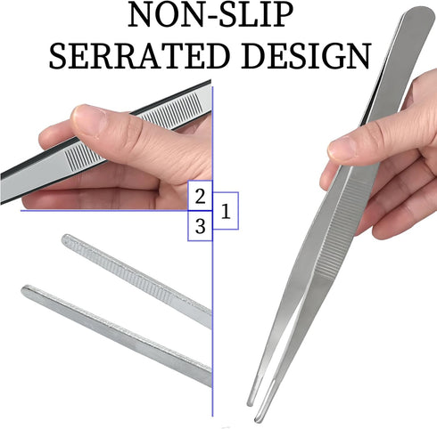 3Pcs Stainless Steel Tweezer Set, Long Precision Tweezers with Serrated Tips for Cooking and Repairing