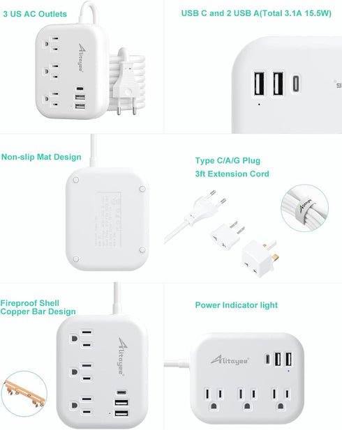 European Travel Plug Adapter, Alitayee EU/UK/US Travel Power Strip with 3 Outlets 3 USB Ports, International Universal