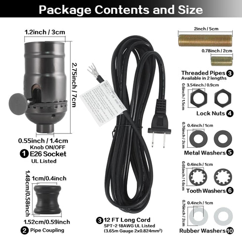 Asjeumt 12 Set E26 Lamp Rewire Kit Lamp Socket Replacement Kits Foot Matching Cord Plug with All Essential Hardware