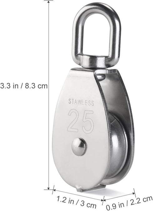2Pcs 25MM Single Pulley Block in 304 Stainless Steel M25 - Loading 400kg, Silver