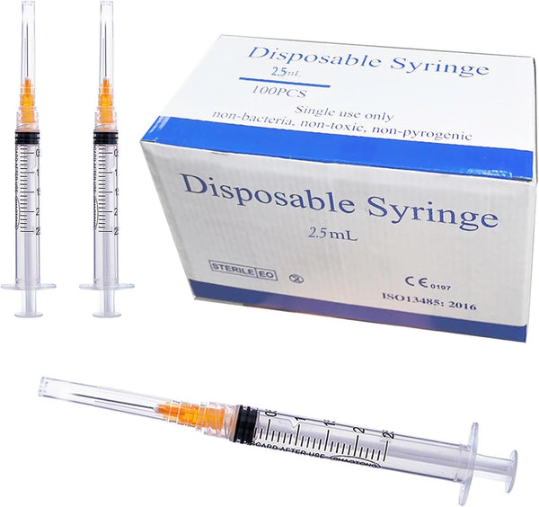 100 Pack 2.5ml Luer Lock Syringes, 25 Gauge 1 Inch, Individually Wrapped