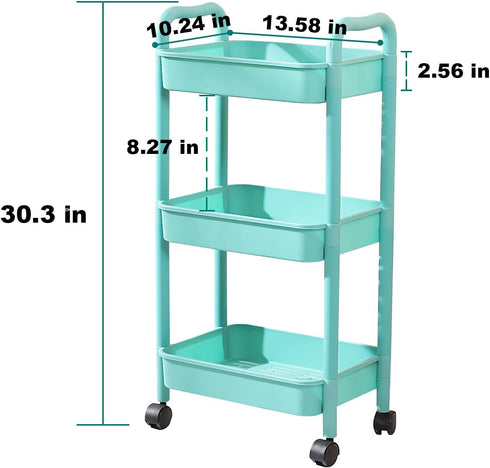 QPEY 3 Tier Utility Rolling Cart with Handle, Multifunctional Storage Organizer Rolling Carts with Wheels for Bathroom