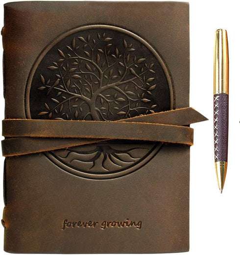Leather Bound Journal for Men and Women, Handmade Gift Set with Tree of Life Embossed Journal and Stylish Pen, Vintage