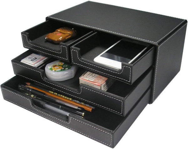 KINGFOM PU Leather Desk Organizer with 4 Drawers, Small Desktop Organizer for Office Supplies