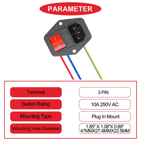 3Pcs AC 10A 15A 250V Rocker Switch Power Socket Inlet Module Plug, 3 Pin IEC320 C14 10A Male Power Switch with 6Pcs Mounting Screws,9Pcs 18 AWG Extension Cord,3Pcs 10A Fuse