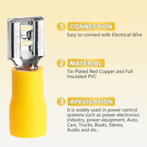 200 Pcs Yellow Female Quick Disconnects, Vinyl Insulated Spade Wire Connectors 12-10 AWG