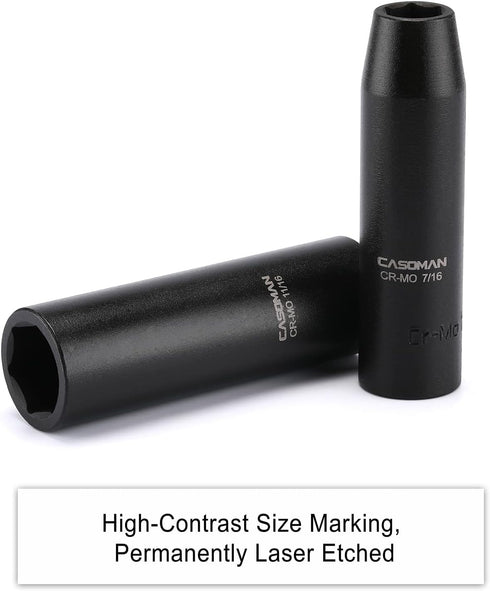 1/2-Inch Set, 13 Set, 7/16"-1-1/4", CASOMAN Drive Deep Impact Socket Pieces CR-MO, SAE, Heavy Duty Storage Case