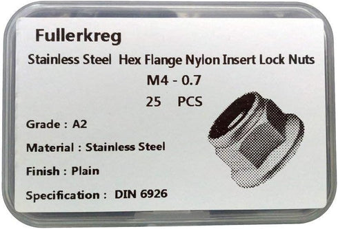 FullerKreg M4 x 0.7 DIN 6926 Hex Flange Nylon Insert Lock Nuts, 18-8 Stainless Steel, Pack of 25