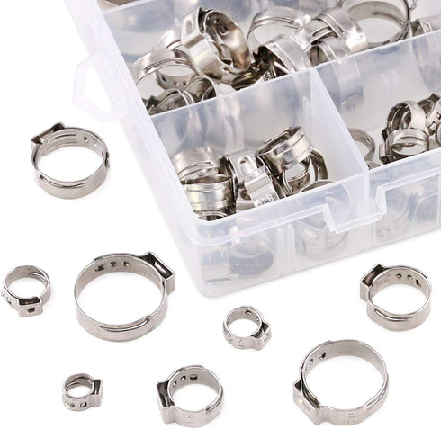 Swpeet 120Pcs 304 Stainless Steel Single Ear Hose Clamps, 8 Sizes Crimp Hose Clamp Assortment Kit for Automotive