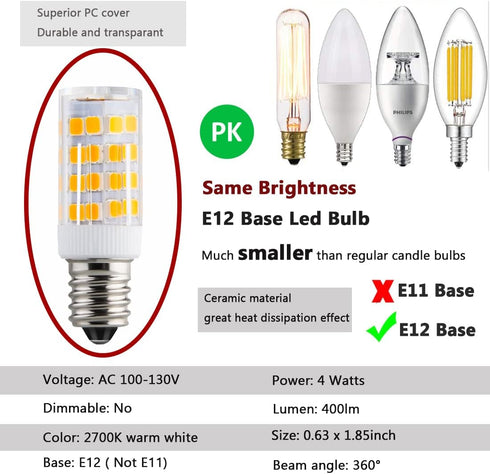KAKEMONO E12 LED Candelabra Light Bulbs 4W Replace E12 40 Watt Halogen Equivalent,Warm White 2700K C7 T4 120V Small Base E12 for Ceiling Fan Chandelier Pendant Lighting Salt Lamp,Non-dimmable,2 Pack by KAKEMONO