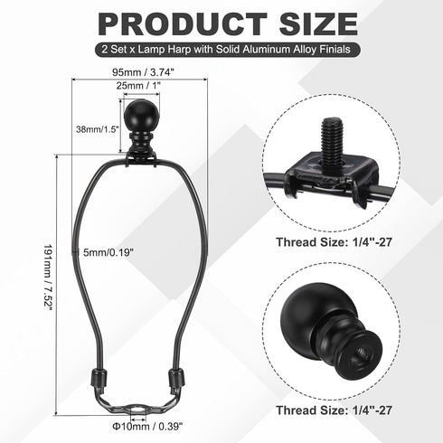 7.5 Inch 2 Set PATIKIL Lamp Harp Kit with Finial, Detachable Shade Bracket Holder, DIY Lighting Accessories for Table