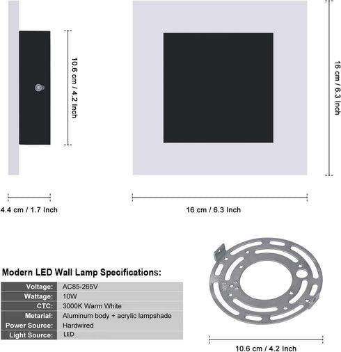 10W Non-Dimmable 3000K Kawell Square Acrylic LED Wall Sconce Hardwired Black Wall Light Fixture for Bedroom, Living