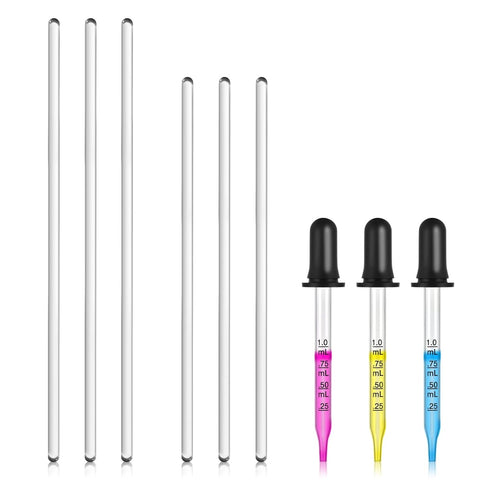 6PCS Glass Stir Sticks, Lab Glass Stirring Rods 8"X2 10"X2, 3PCS Glass Graduated Droppers for Science Lab Kitchen