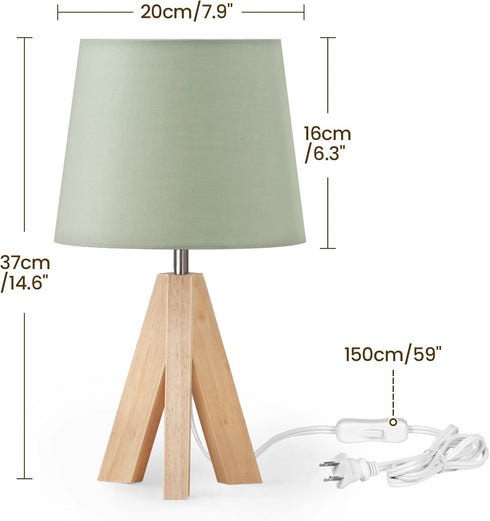 J51TL05 Tripod Table Lamp, Small Bedside Lamp with Wood Base & Green Fabric Shade, Little Cute Desk Lamp, Modern