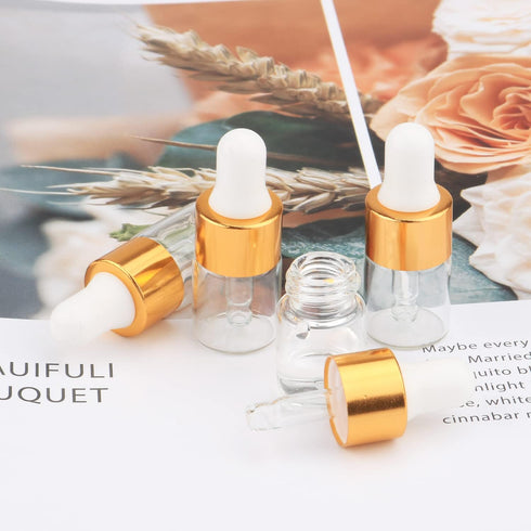 15Pcs Clear Glass Essential Oil Dropper Bottles - Mini 1ml/2ml/3ml with Gold Cap and White Latex