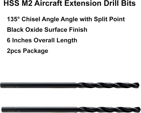 MAXTOOL 5/32"x6" 2pcs Identical Aircraft Extension Drills, HSS M2 Extra Long Deep Twist Drill Bits
