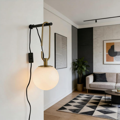 SINFU Bulb Modern Globe Wall Sconce, Plug-in Hanging Light Fixture with Glass Shade, Black and Gold Finish