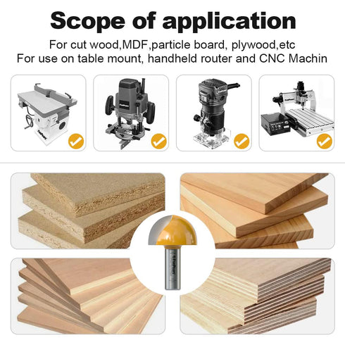 1/2 inch 1-1/2 inch 1 Fivepears Core Box Router Bit with Shank Cutting Diameter Cutting Length for DIY Woodwork