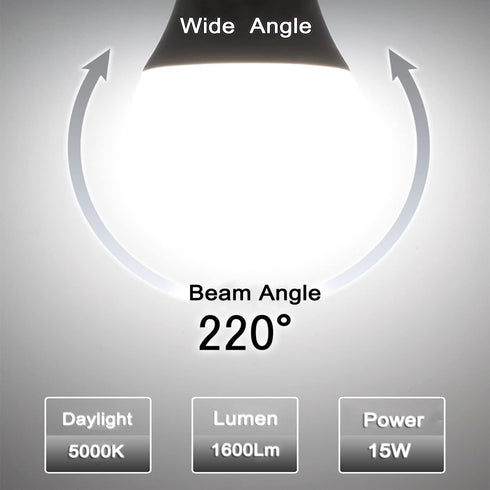 LED Light Bulb, A19 100W Equivalent, Efficient 15W, 1600 Lumens, Daylight 5000K, E26 Standard Base, Non-Dimmable, 2 Pack