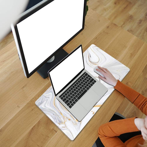 QIYI White Mouse Pad - Cute Marble Large Desk Mat, PU Leather Desk Protector, Non-Slip Extended Writing Pad