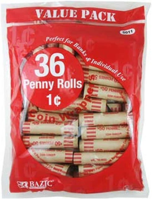 BAZIC Penny Coin Wrappers Rolls, Durable Preformed Paper Tubes, Made in USA, 36/Pack
