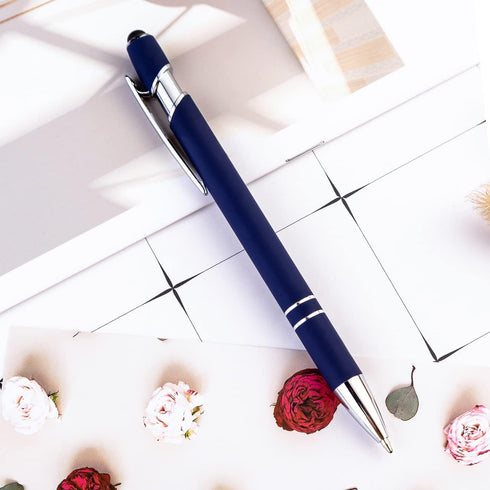 PASISIBICK 12 Pieces Blue Ballpoint Pen with Stylus Tip, 2 in 1 Stylish Metal Pen for Touch Screens, Black Ink (12 PCS)