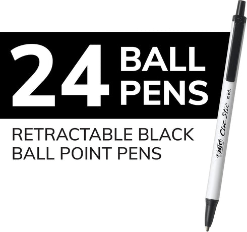 BIC Clic Stic Black Retractable Ballpoint Pens, Medium Point (1.0mm), 24-Count Pack, Comfortable Round Barrel
