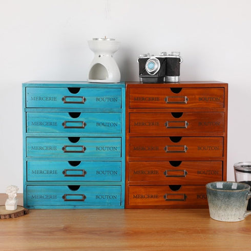 Wooden Storage Box with 5 Drawers - Vintage Apothecary Drawers, Wood Desktop Organizer, Blue