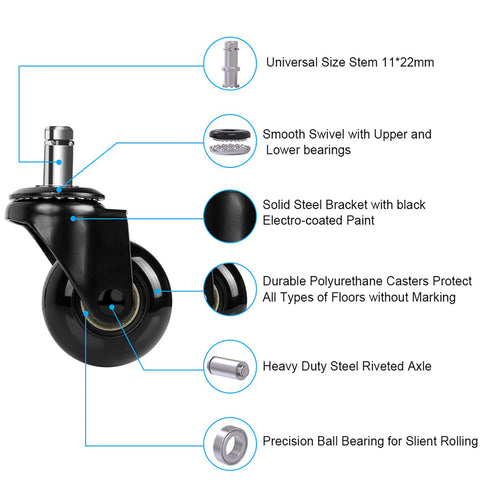 Hirate Office Chair Caster Replacement - 2" Heavy Duty Casters for Hardwood, Tile & Carpet, Set of 5