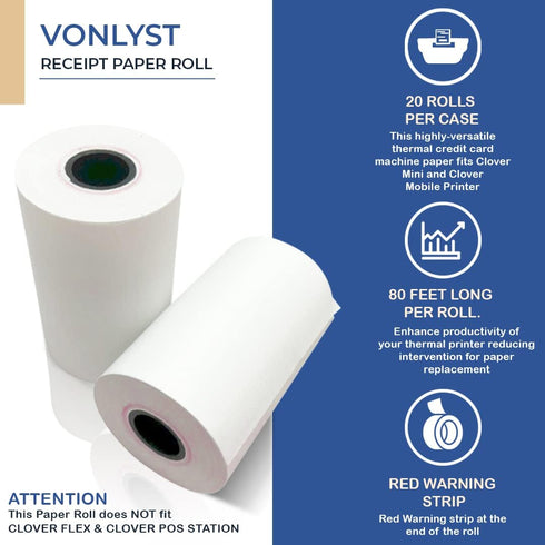 Clover Mini and Clover Mobile Thermal Printer Receipt Paper 2 1/4 x 80 (20 rolls)