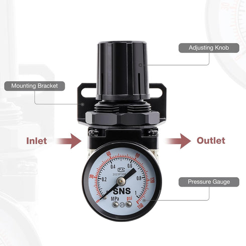 SNS Air Compressor Pressure Regulator AR2000-N02, Adjustable 0-150 PSI with Bracket and Gauge, Female Thread 1/4 NPT