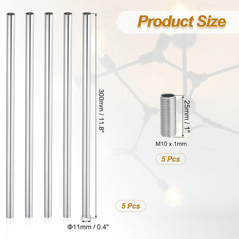 PATIKIL 5 Sets 11.8" M10 1mm Threaded Extension Rod, x Fine Thread Lamp Pipe with Lamp Pipe Nipples for Pendant Light