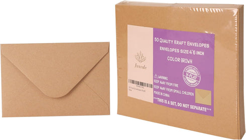 V-flap Kraft Envelopes, 50 Pack, 4 x 6 Inch, Brown Card Envelopes, A4 Invitations, Postcard Envelopes with Gummed Flap