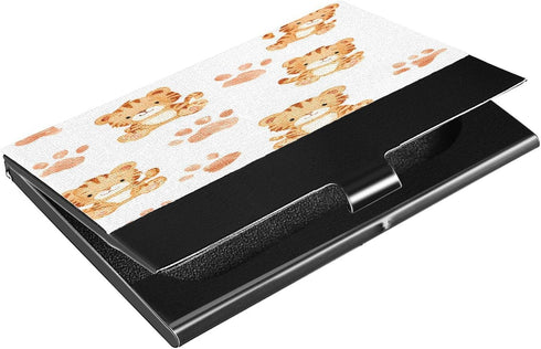 OTVEE Baby Tiger and Paw Print Pattern Business Card Holder Wallet Stainless Steel