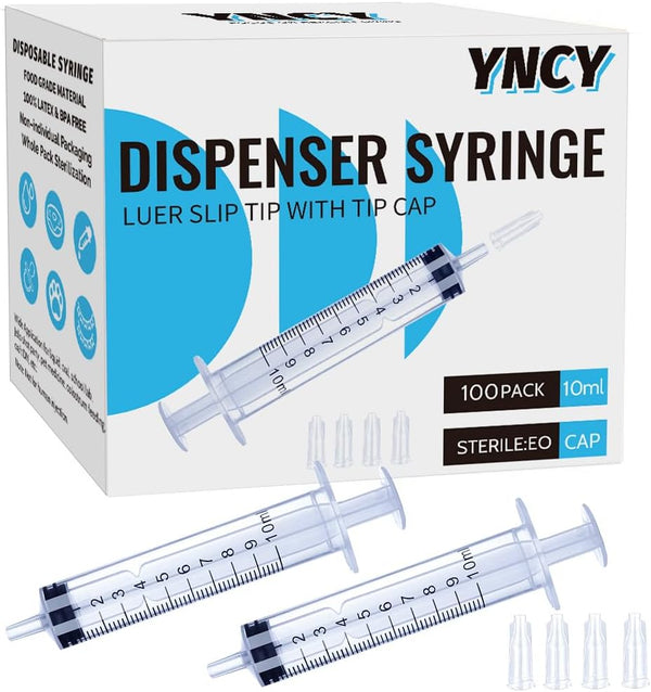 100 Pack 10ml Syringes with Cap, Luer Slip Tip, 10cc Bulk Sterile Sealed Syringe, No Needle
