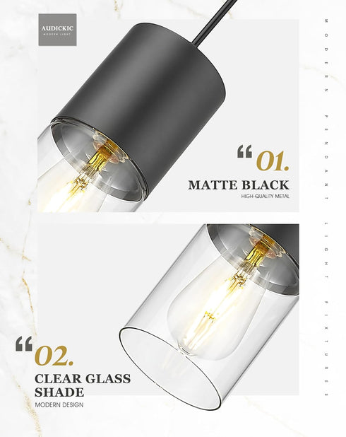 AD-24023-1P-BK Black Pendant Lights Kitchen Island, Modern Hanging Lights Fixtures with Cylinder Clear Glass