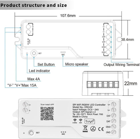 DR04W 3PIN 2.4GHz WR01RF RC03RFB WS2812B WS2811) RGBW SPI SMD COB Addressable LED Strip Tuya WiFi Controller, Support