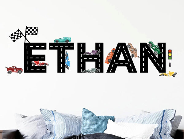 The Colors Crafter Custom Racing Name Wall Decal for Boys - Race Car Theme Nursery