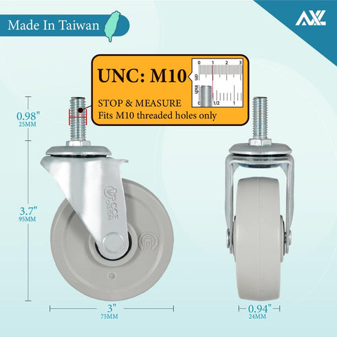 M10 3 Inch 360 (Set 4) Threaded Stem Caster Wheels, Heavy Duty Swivel Casters with Brake, Rotation, Quiet & Smooth