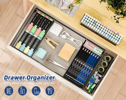 Simplie Desk Drawer Organizer Tray with 2 Pen Holders, Metal Mesh Dividers for Office, Makeup & Kitchen (Black)