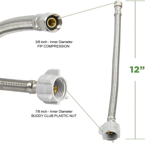 CNCT1274 No Lead Stainless Steel Braided Tank Supply Line with 3/8'' Compression Fitting and 44020 BC Plastic Nut, 12