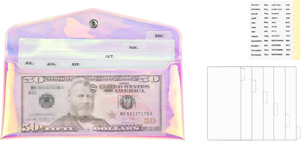 Cash Envelopes Wallet Set with Clear Rainbow Wallet, 6PCS Cash Divider, Pocket Cash Envelopes, and Tab Stickers for