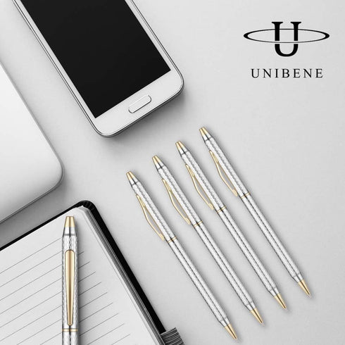 Unibene Slim Metallic Retractable Ballpoint Pens, Carved Chrome & Gold, 6 Pack Black Ink, Nice Gift for Office Students
