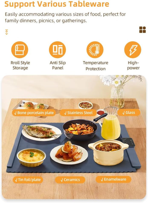 Puur House 6 5h Electric Warming Mat for Food Foldable Food Warmer Tray with Graphene Heating, Temp Levels & Timer |