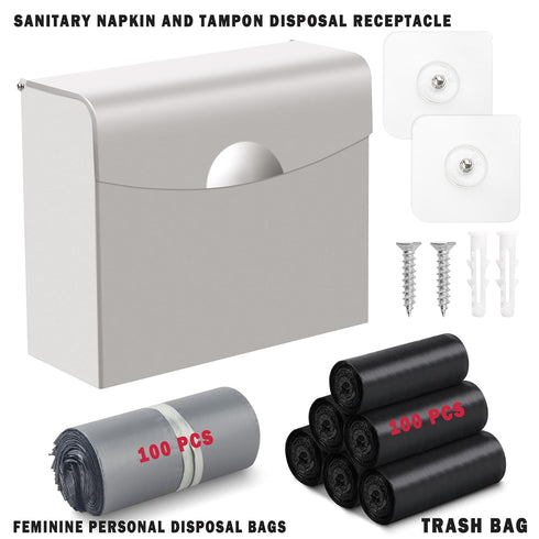 9.4x7.8x3.5 inches Sanitary Napkin Receptacle with Hygiene Disposal Bags and Trash Bag, Stainless Steel Wall Mounted