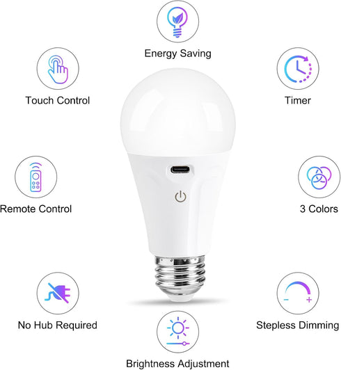 Powfloven Bulbs Dimmable Bulb 3 4 A19 Bulbs 1 Pack Rechargeable Light with Remote Control and USB Charging; Battery