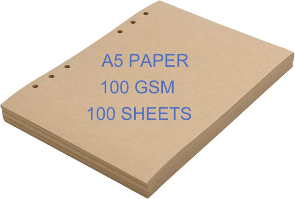 THXMADAM A5 Kraft Paper 6 Hole Ring Binder Refills Paper Blank 100 GSM Thick Inserts Page 100 Sheets Paper/200 Pages for Standard 6 Hole Refillable Notebook A5 Writing Travel Journal Diary Sketchbook by ThxMadam