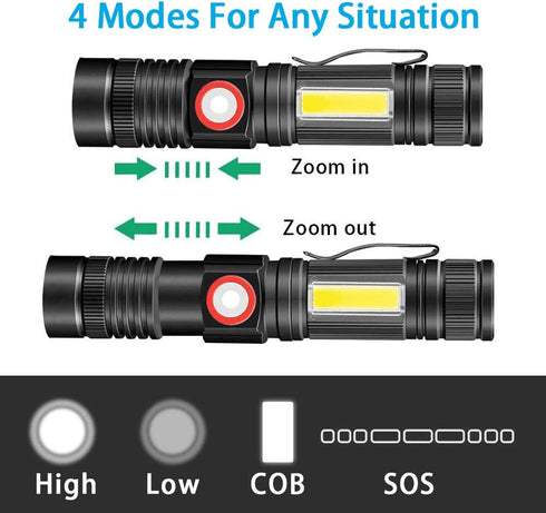4 2 Pack Rechargeable Tactical Flashlight, USB Magnetic Flashlights with COB Flash Light - Models, Zoomable