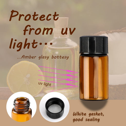 50 Pcs 3ml Amber Glass Essential Oil Bottles,Empty Refillable Travel Glass Liquid Sample Vial with Screw Caps,Preservation Storage Vials Test Container For Oil Blends, Perfumes, Lab Chemicals