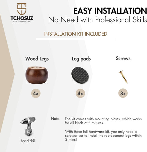 TCHOSUZ 2 inch 5cm Pack 4 M8 / Wooden Furniture Legs, of Walnut Solid Wood Turned DIY Replacement Bun Feet with Hanger